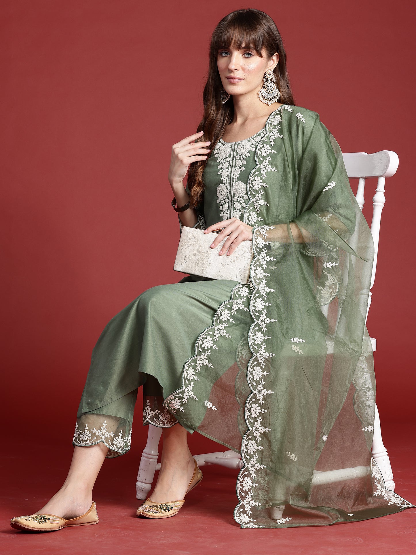 IE Green Embroidered Straight Kurta Trousers With Dupatta set