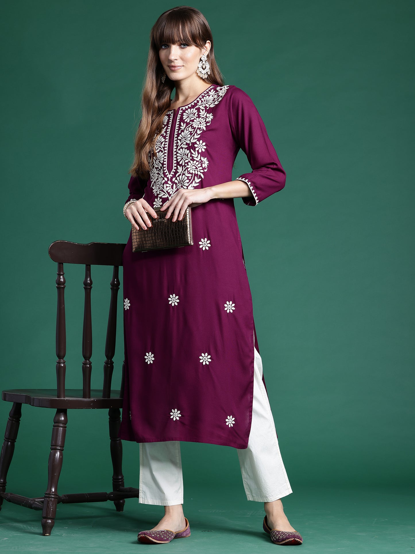 IE Burgundy Embroidered Straight Kurtas