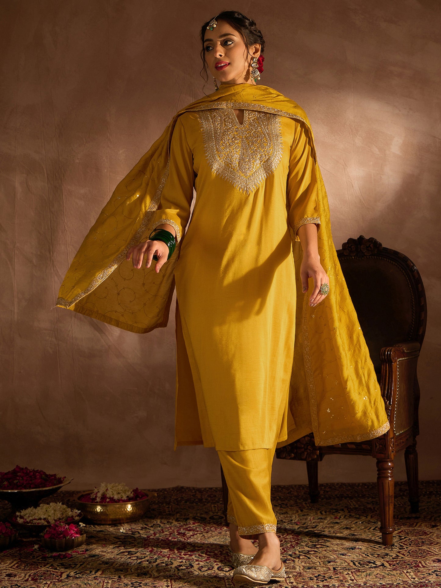 IE Yellow Embroidered Straight Kurta Trousers With Dupatta set