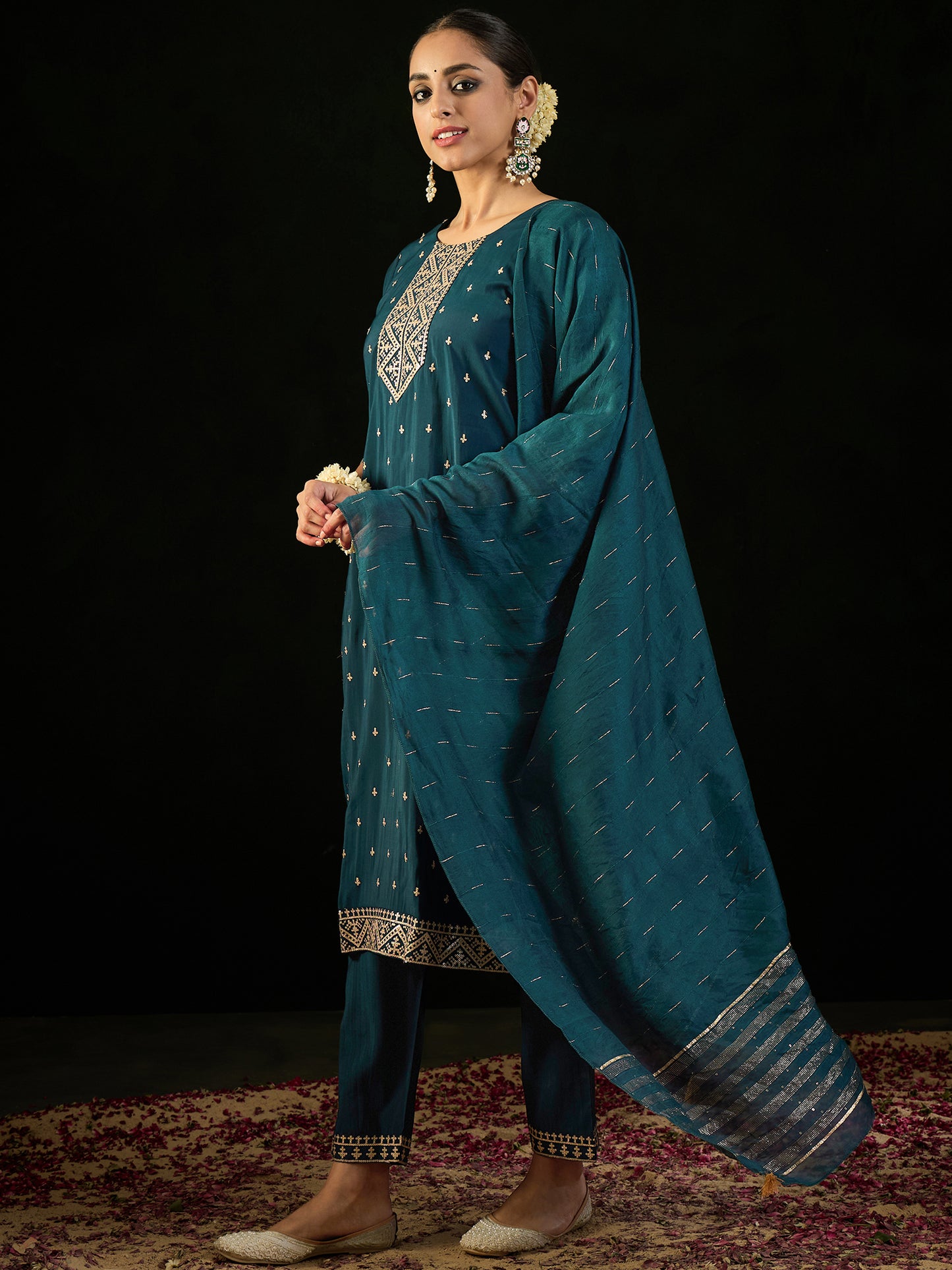 IE Teal Embroidered Straight Kurta Trousers With Dupatta set