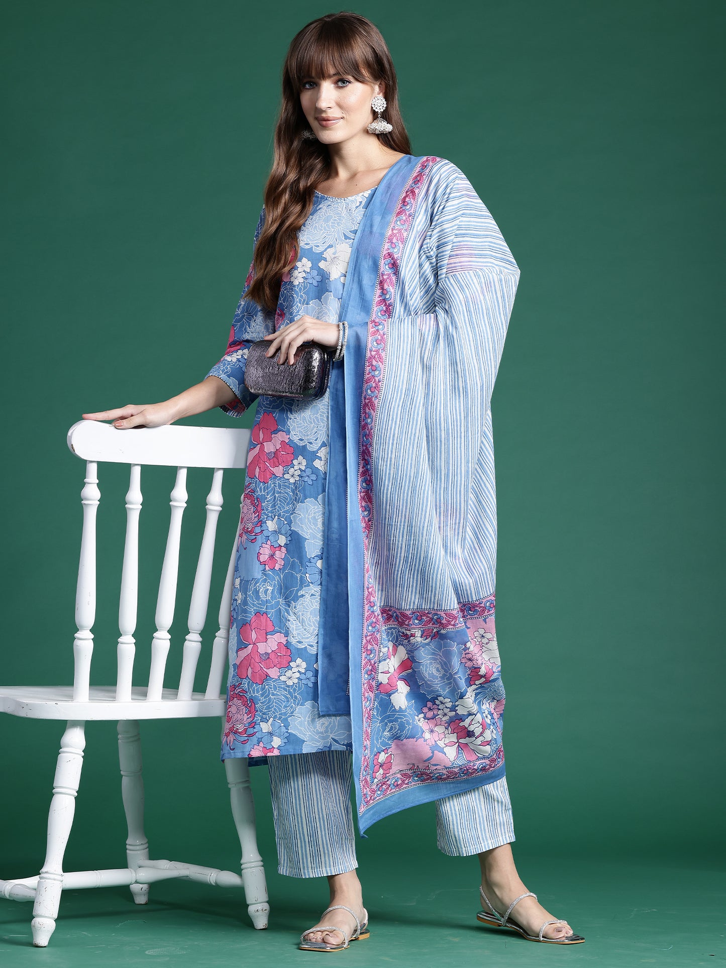 IE Blue Printed Straight Kurta Trousers With Dupatta set