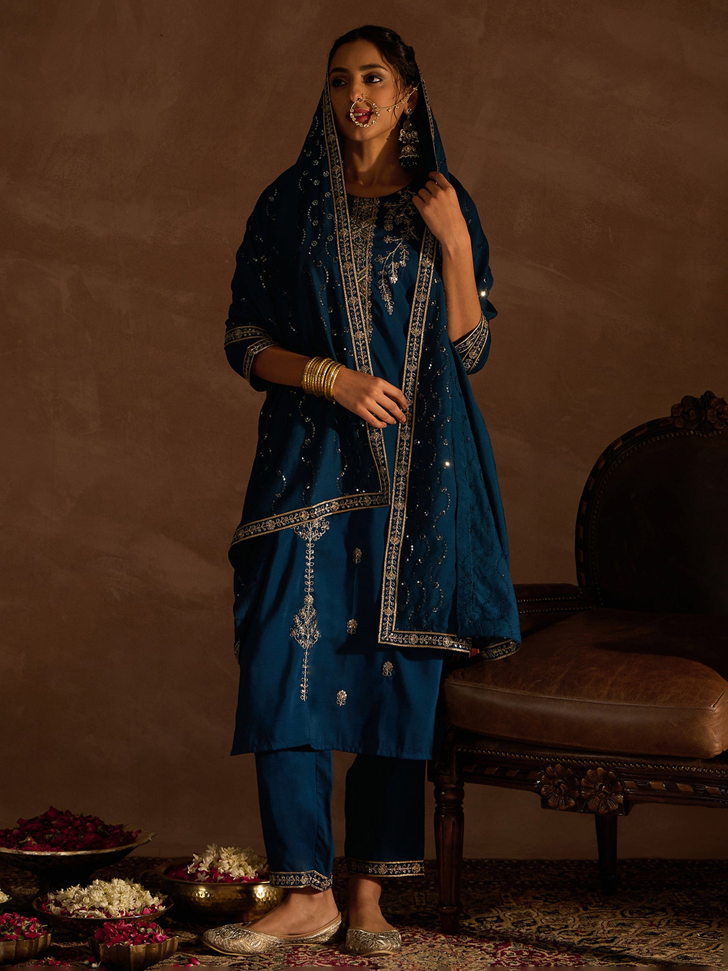 IE Teal Embroidered Straight Kurta Trousers With Dupatta set