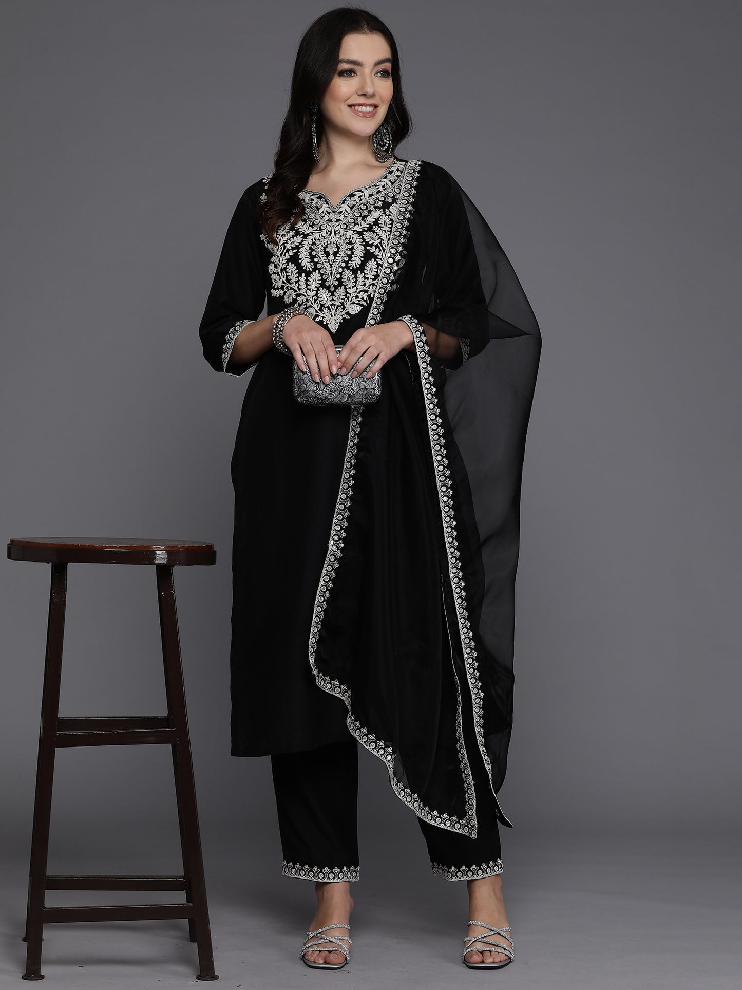 IE Black Embroidered Straight Kurta Trousers With Dupatta set