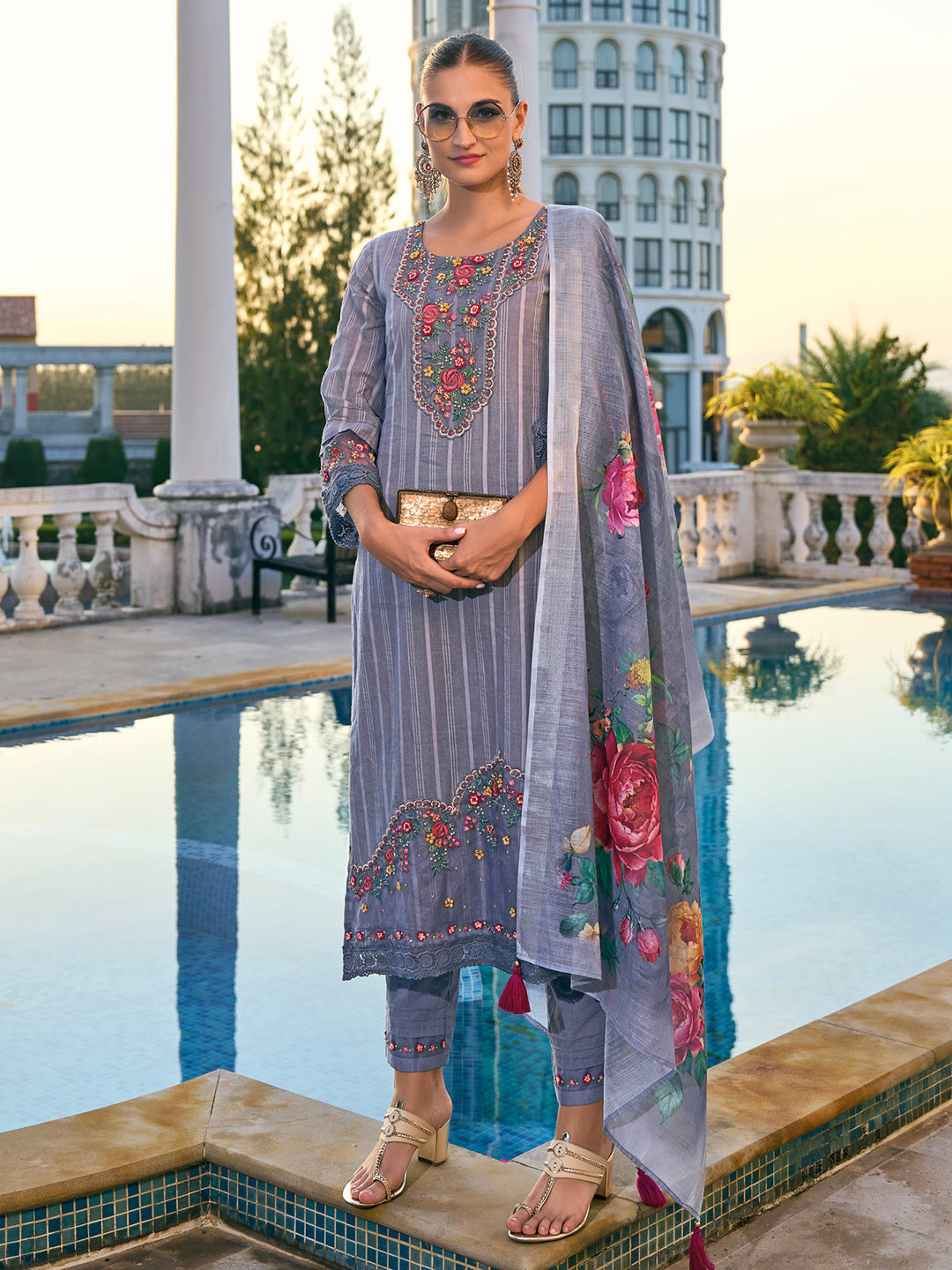 IE Grey Embroidered Straight Kurta Trousers With Dupatta set