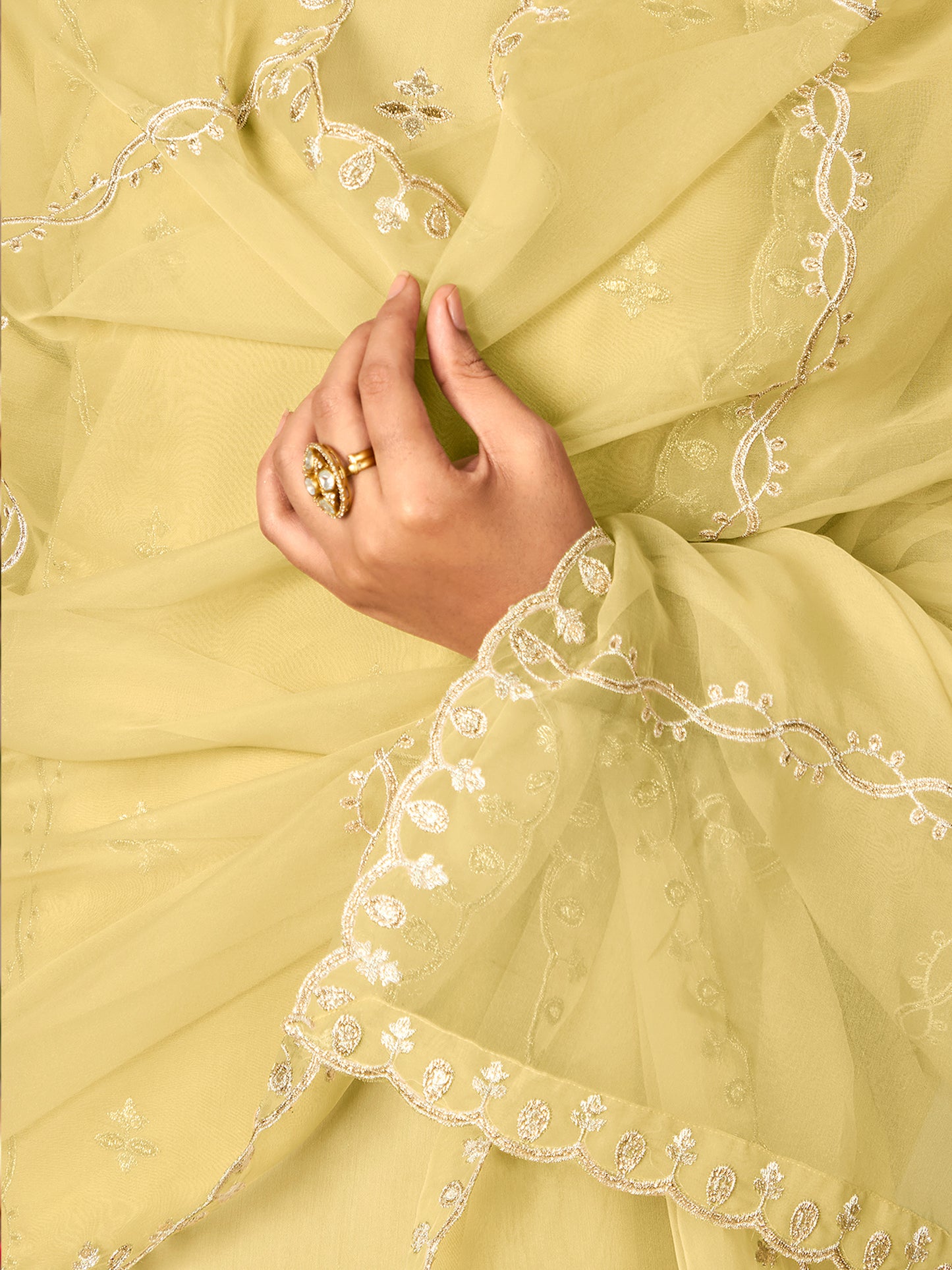 IE Yellow Straight Embroidered Kurta Trousers With Dupatta Set