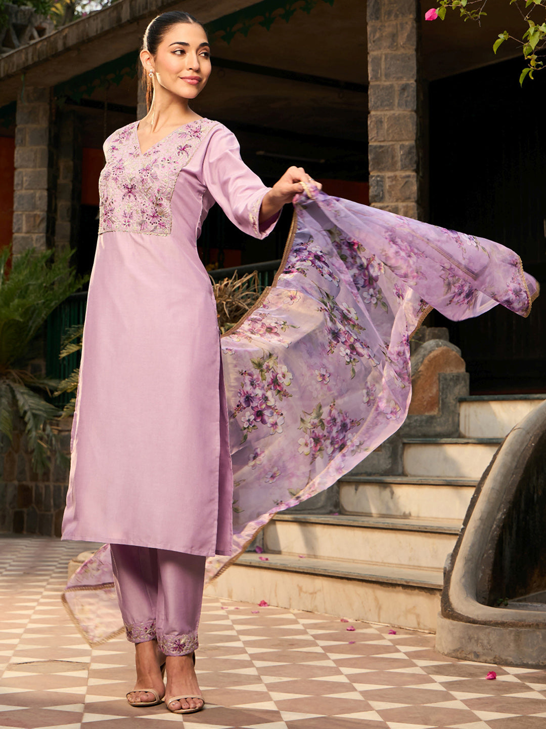 IE Purple Embroidered Straight Kurta Trousers With Dupatta set