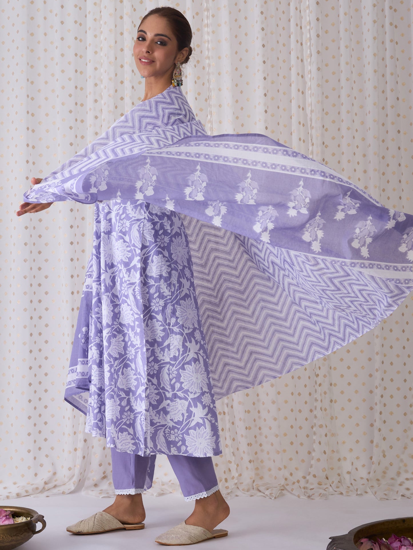 IE Lavender Printed A-Line Kurta Trousers With Dupatta set