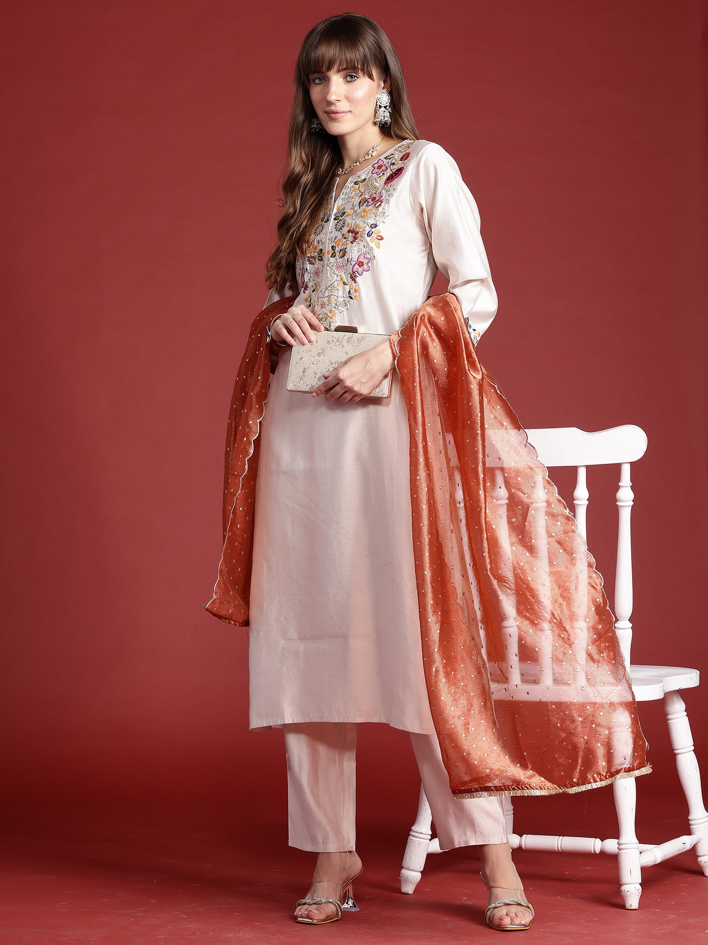 IE Off White Embroidered Straight Kurta Trousers With Dupatta  Set