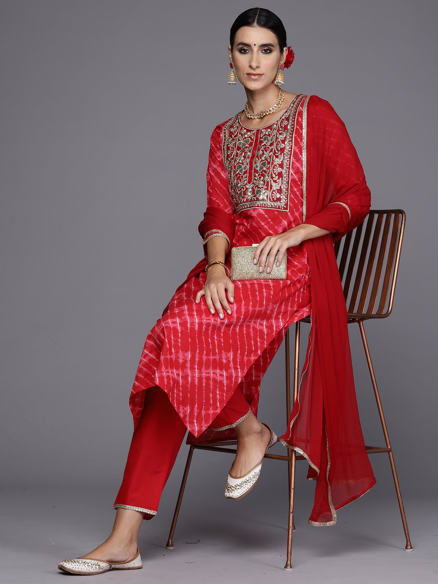 IE Red Embroidered Straight Kurta Palazzos With Dupatta Set