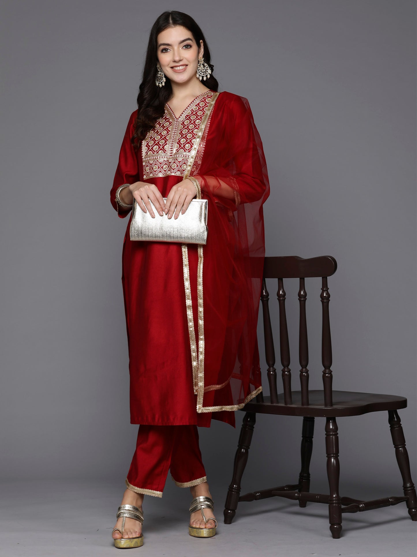 IE Red Embroidered Straight Kurta Trousers With Dupatta Set