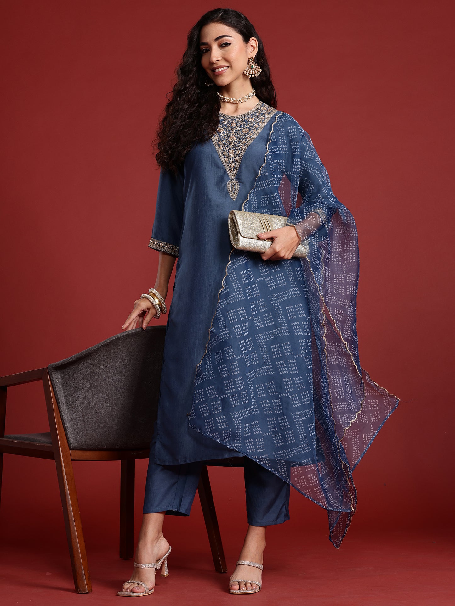 IE Grey Embroidered Straight Kurta Trousers With Dupatta set