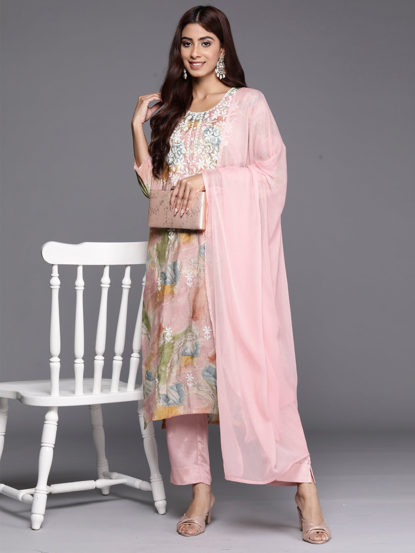 IE Multi Embroidered Straight Kurta Trousers With Dupatta set