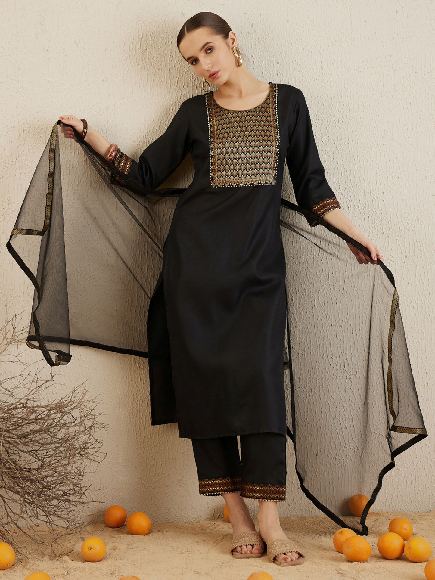 IE Black Yoke Design Straight Kurta Trousers With Dupatta set