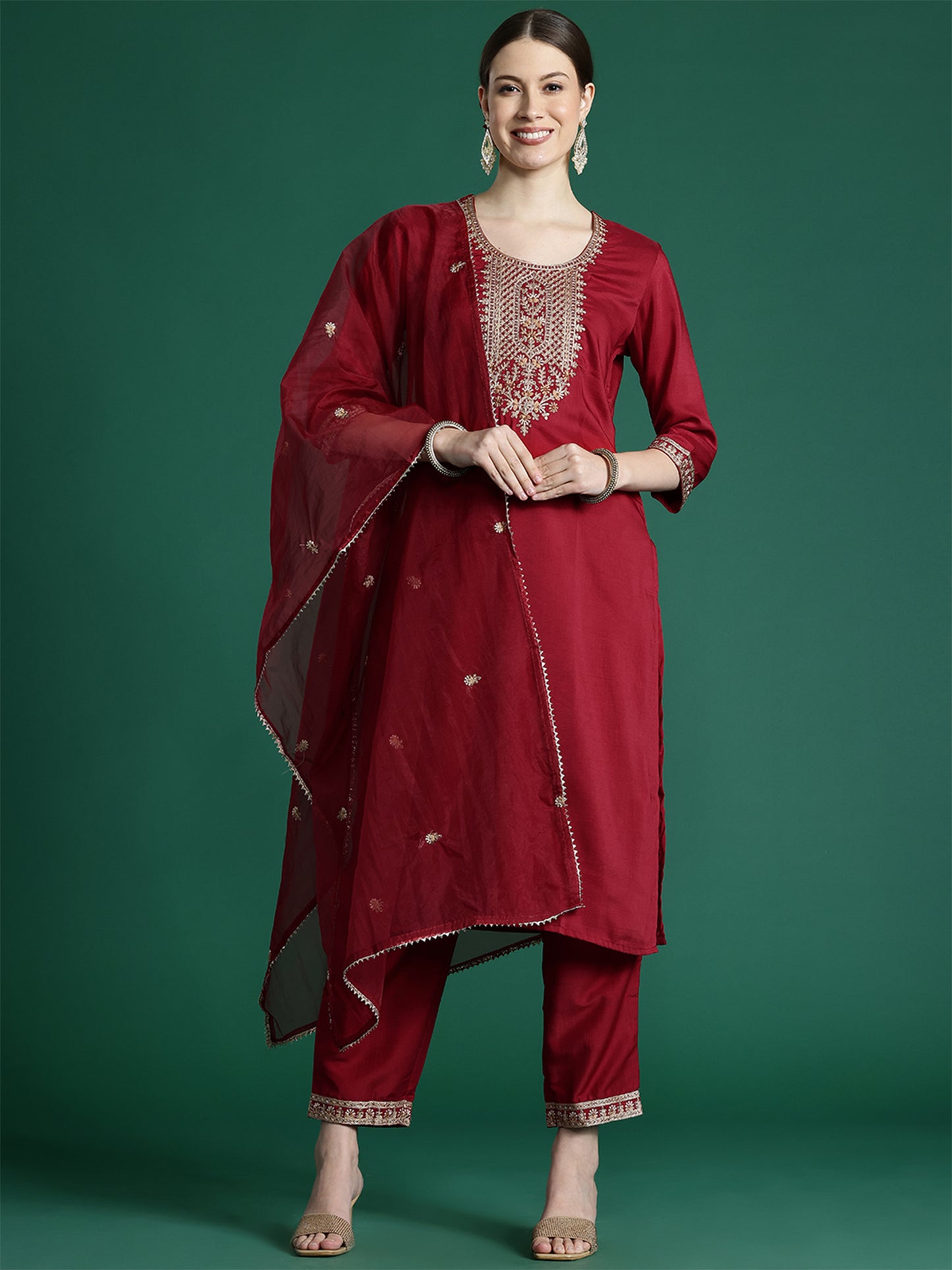 IE Maroon Embroidered Straight Kurta Trousers With Dupatta set