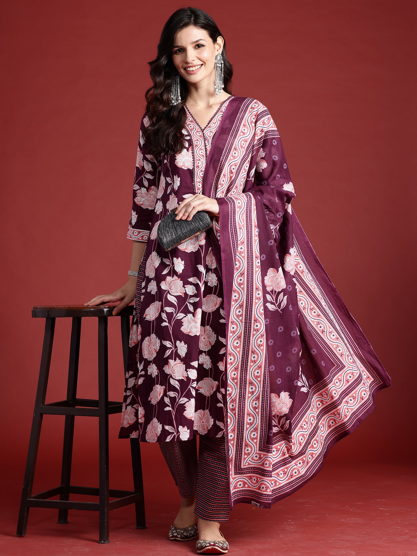 IE Burgundy Printed Straight Kurta Trousers With Dupatta set