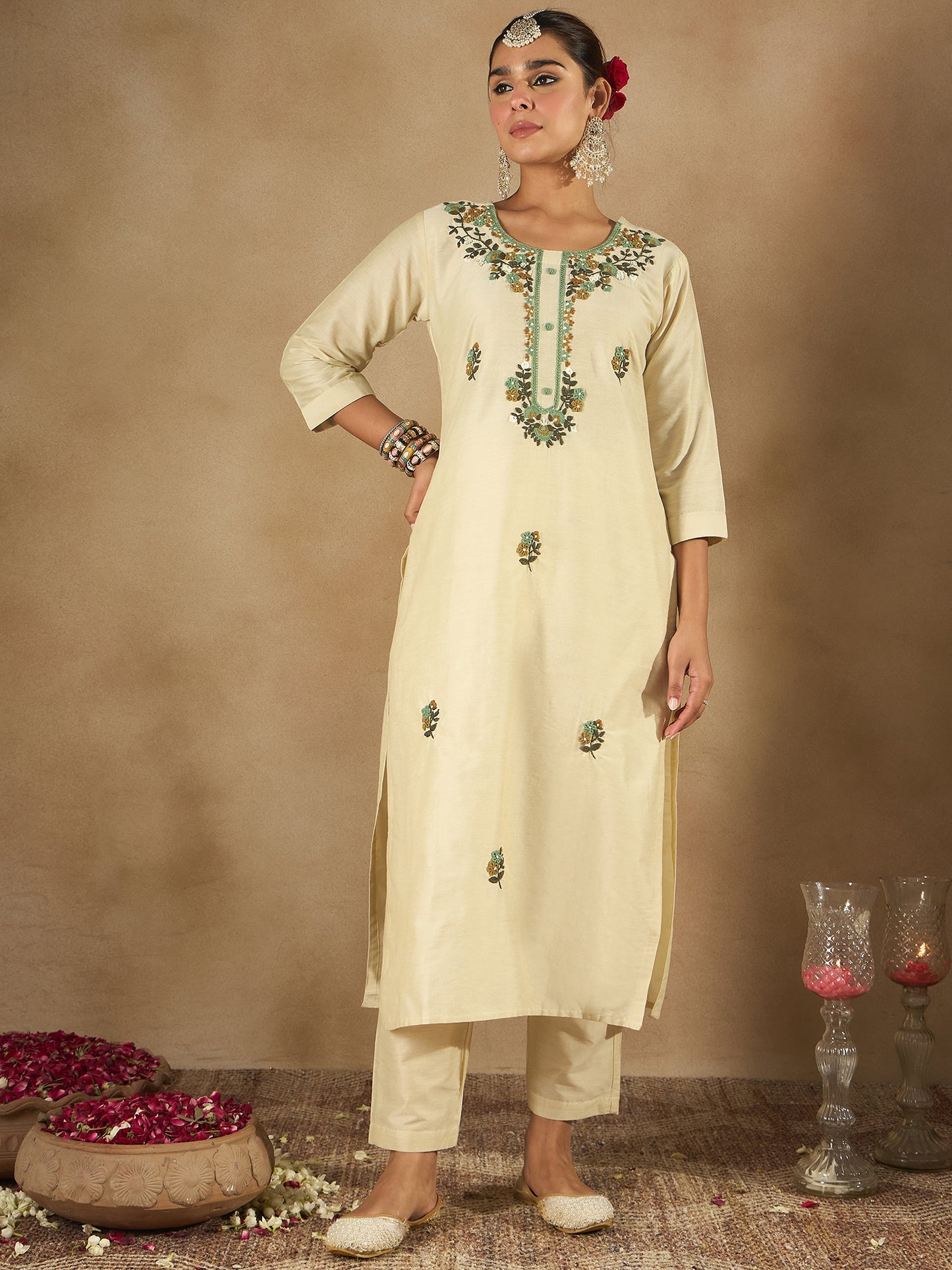 IE Cream Embroidered Straight Kurta Trousers With Dupatta Set