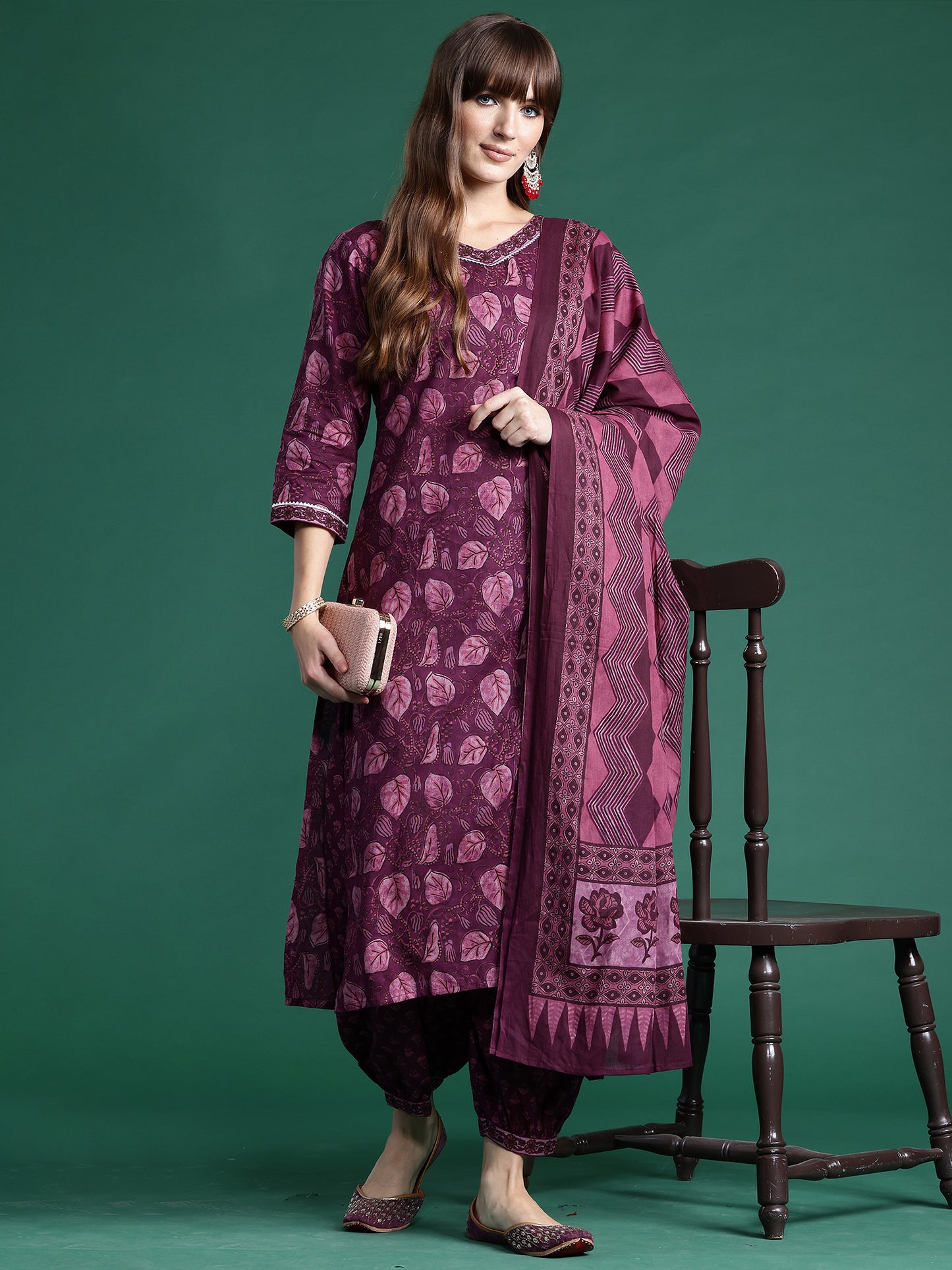 IE Burgundy Printed Straight Kurta Palazzos With Dupatta set