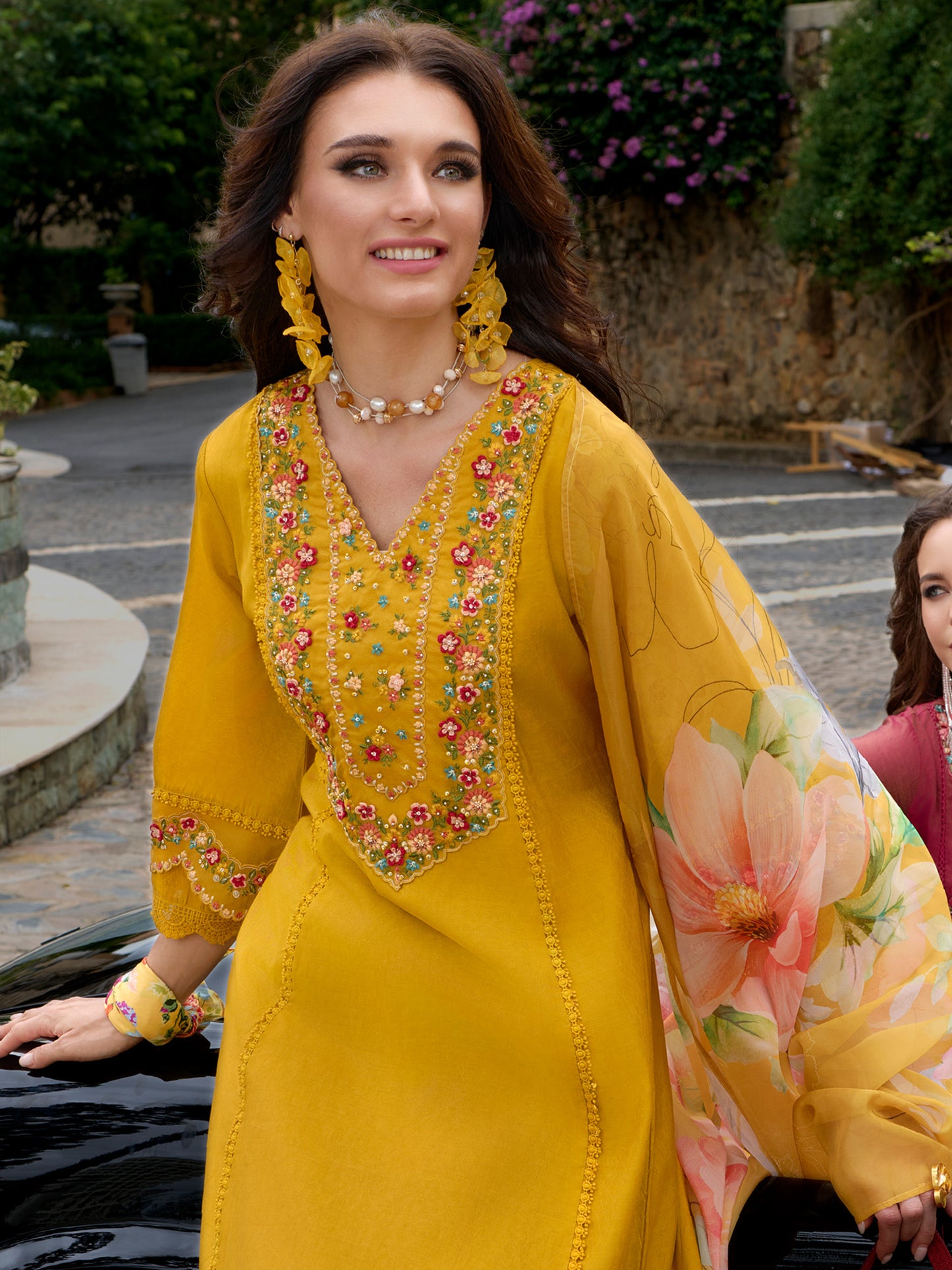 IE Mustard Embroidered A-Line Kurta Trousers With Dupatta Set