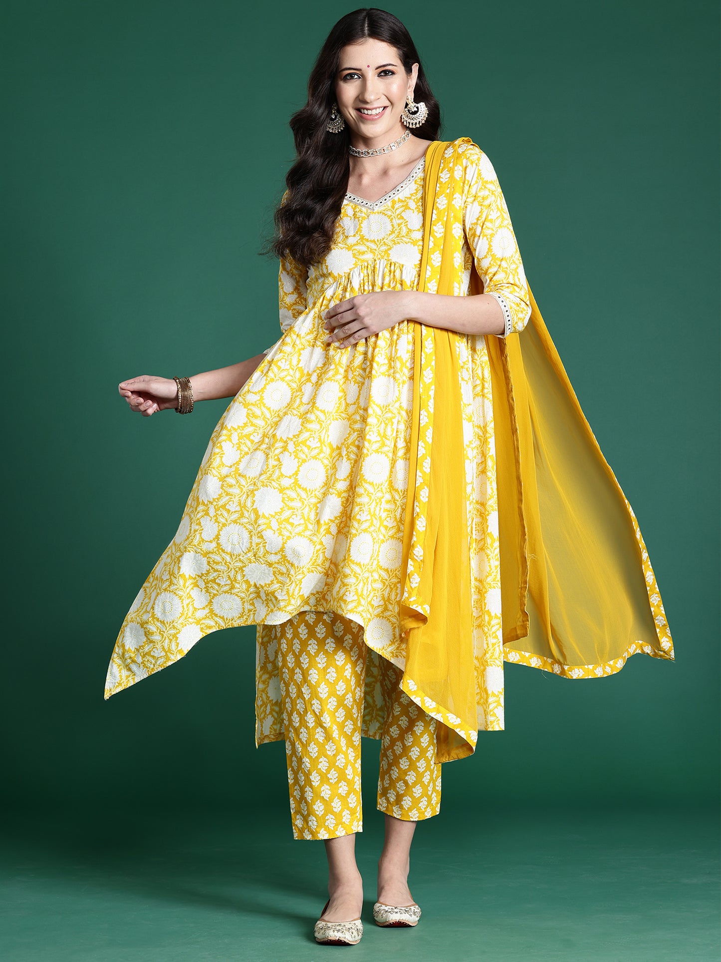 IE Yellow Printed A-Line Kurta Trousers With Dupatta set