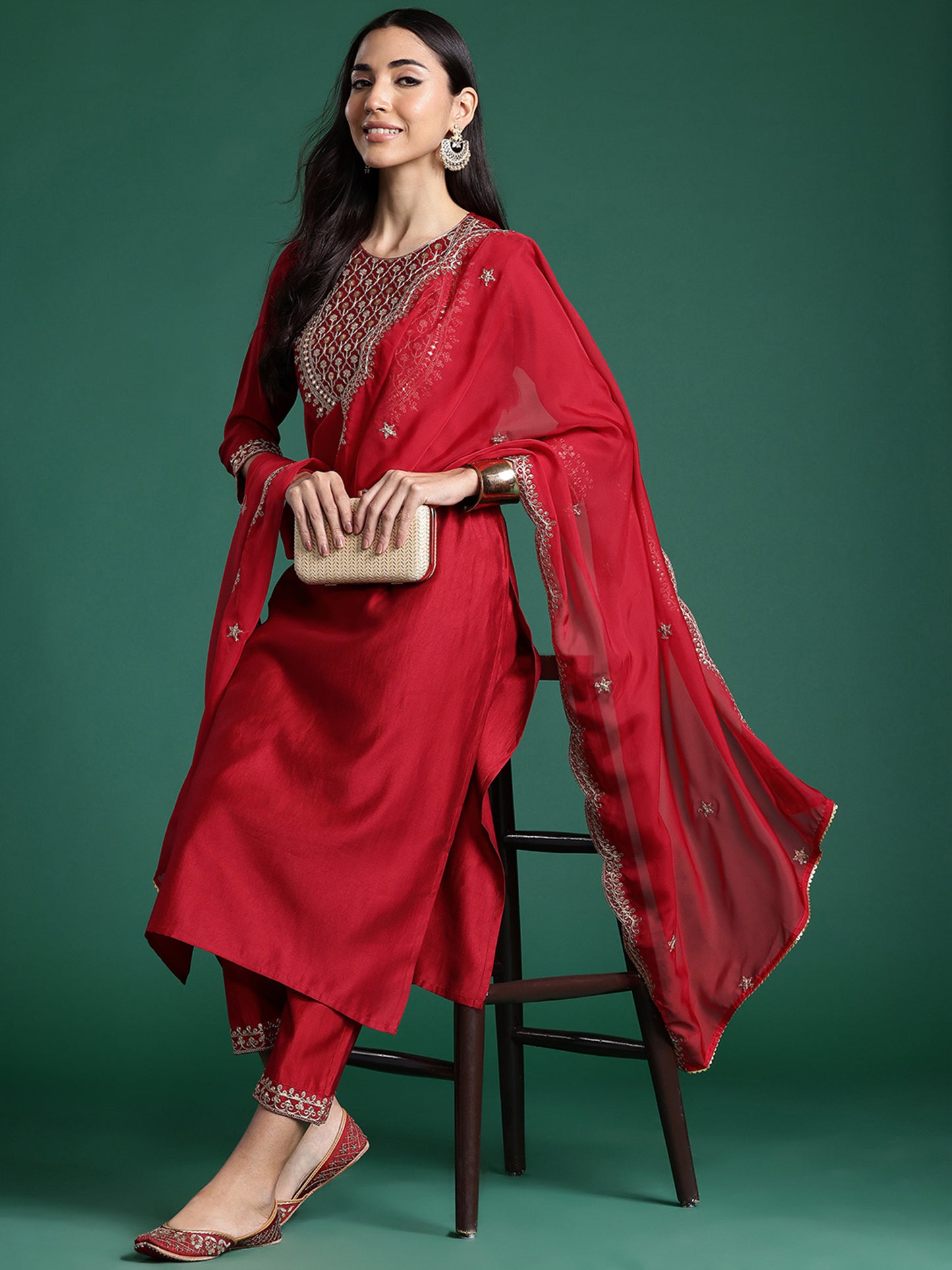 IE Red Embroidered Straight Kurta Trousers With Dupatta Set