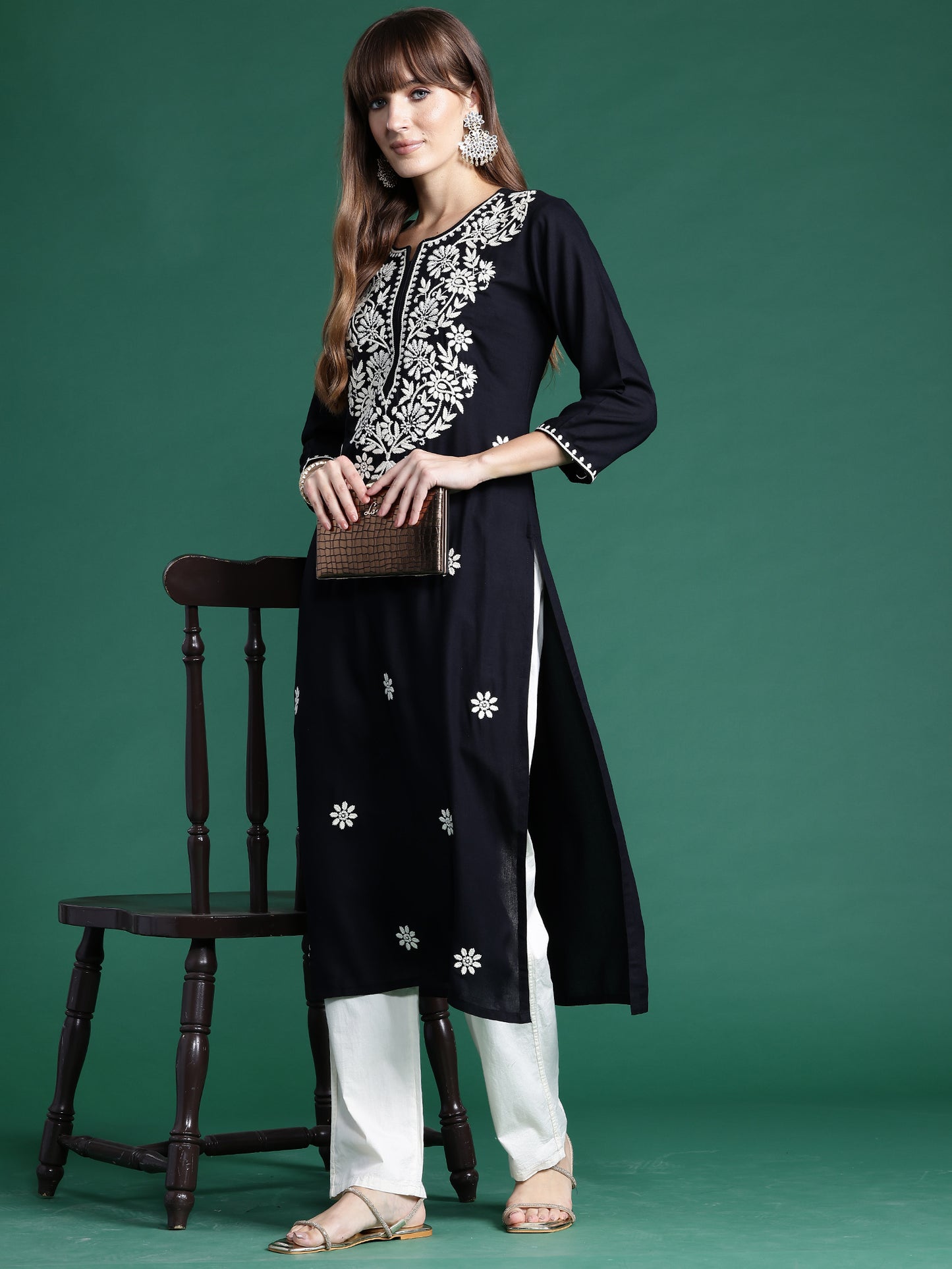 IE Black Embroidered Straight Kurtas