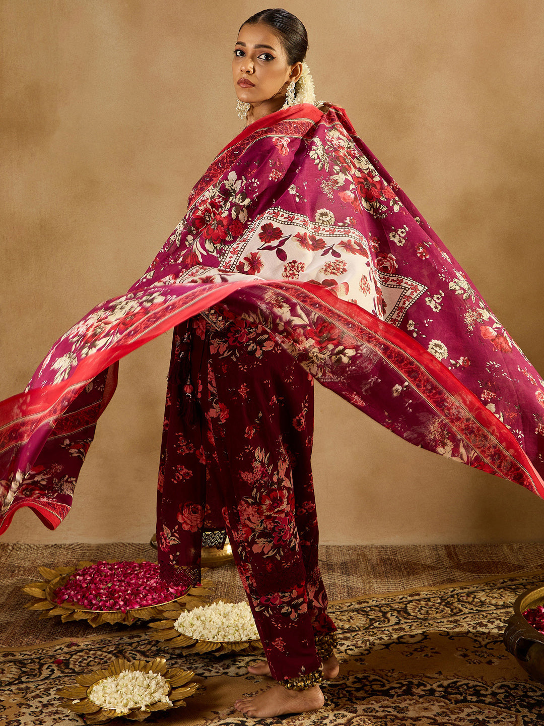 IE Burgundy Printed Straight Kurta Trousers With Dupatta set