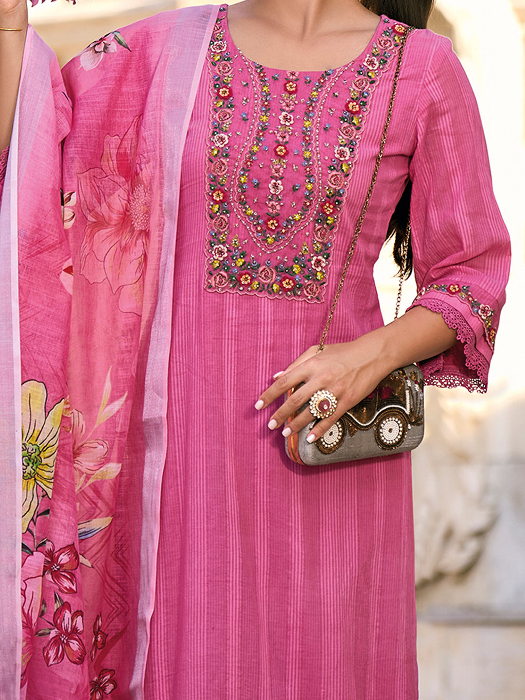 IE Pink Embroidered Straight Kurta Trousers With Dupatta set