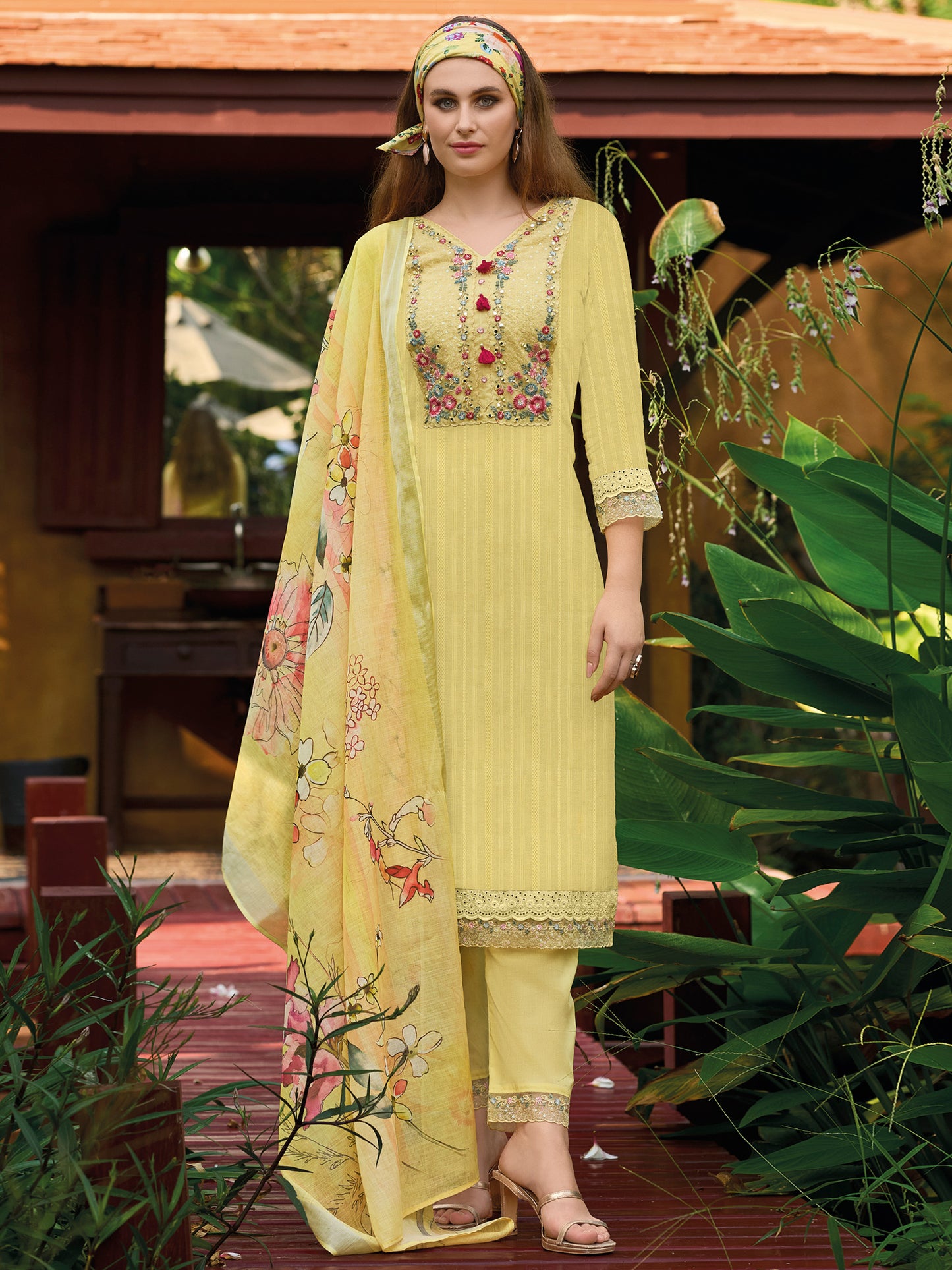 IE Yellow Embroidered Straight Kurta Trousers With Dupatta set