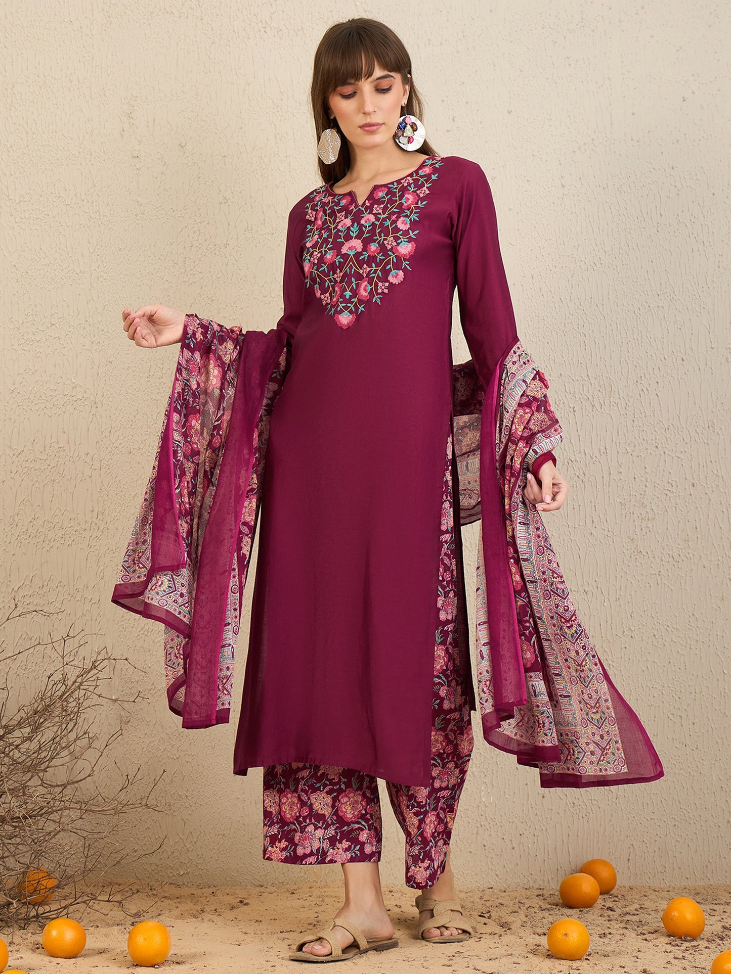 IE Burgundy Embroidered Straight Kurta Palazzos With Dupatta  Set