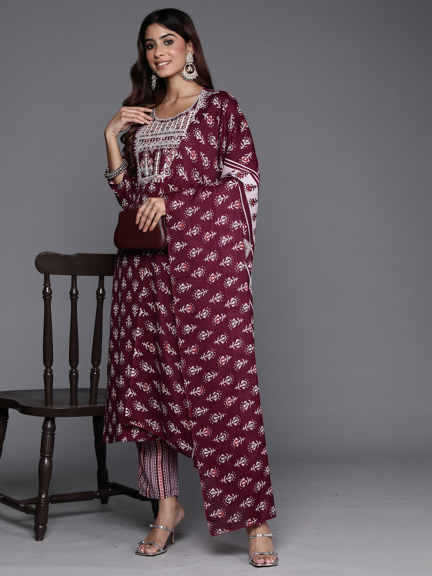 IE Burgundy Printed Straight Kurta Trousers With Dupatta Set