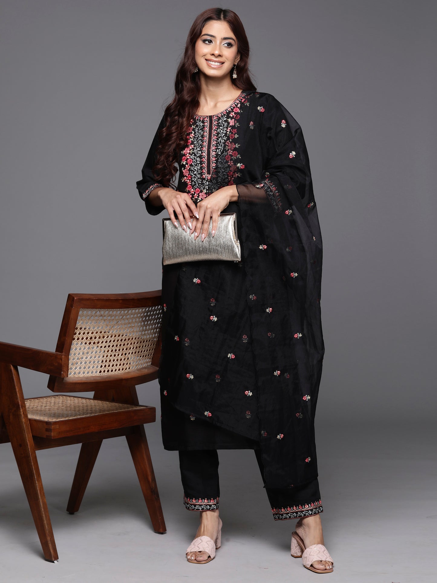 IE Black Embroidered Straight Kurta Trousers With Dupatta Set