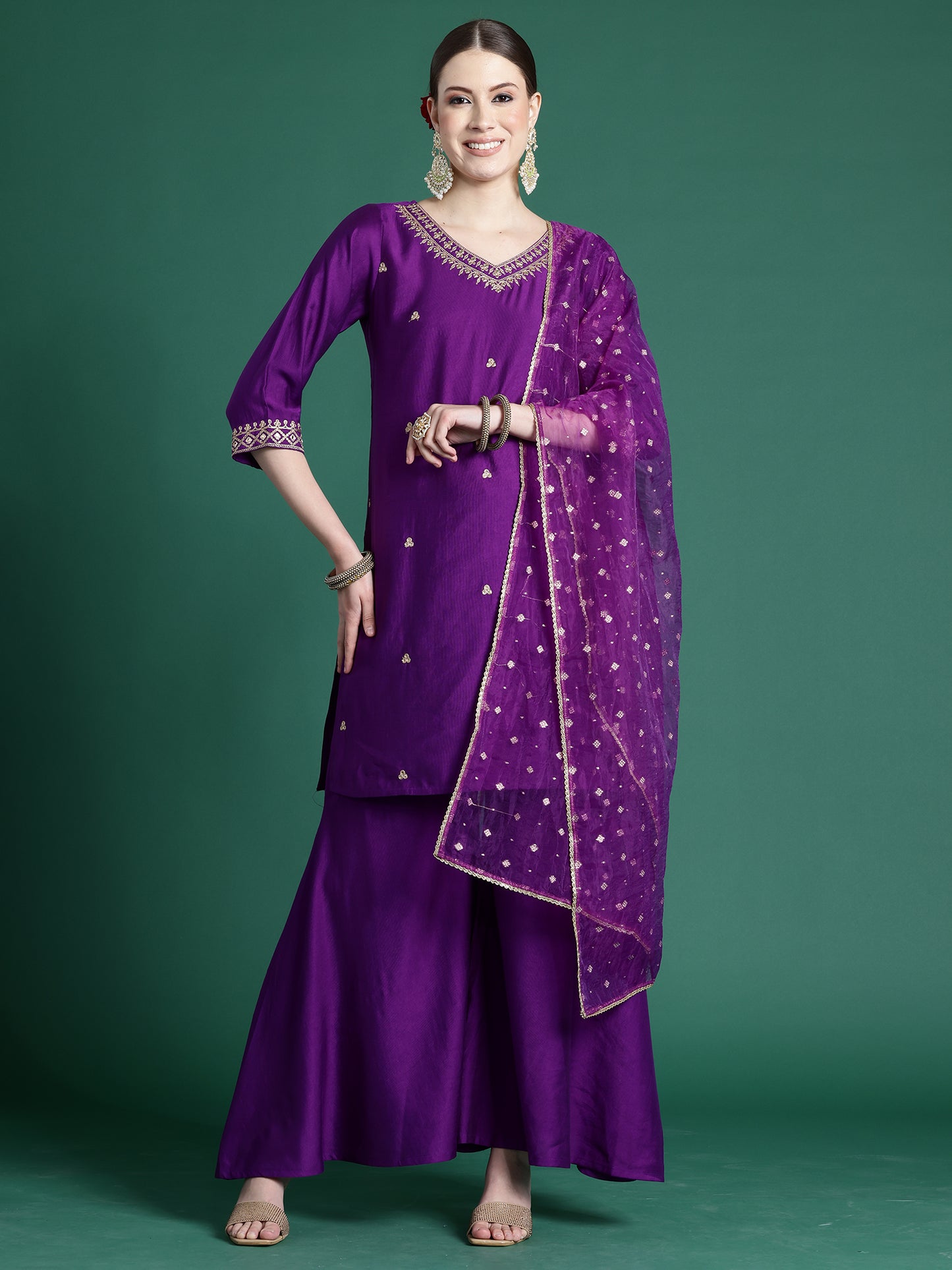 IE Purple Embroidered Straight Kurta Sharara With Dupatta set