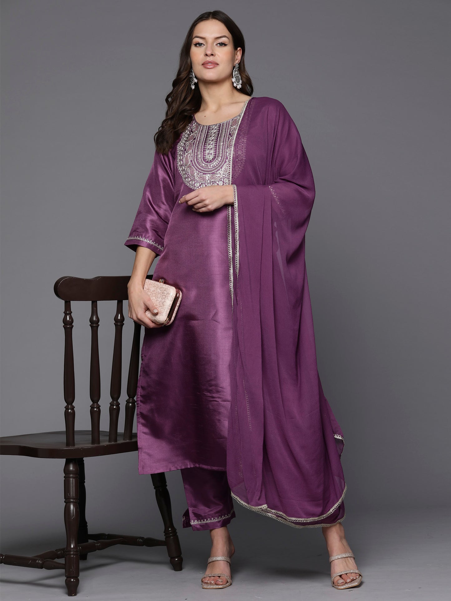 IE Lavender Embroidered Straight Kurta Trousers With Dupatta Set