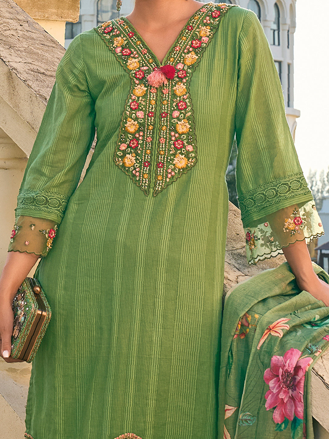 IE Green Embroidered Straight Kurta Trousers With Dupatta set