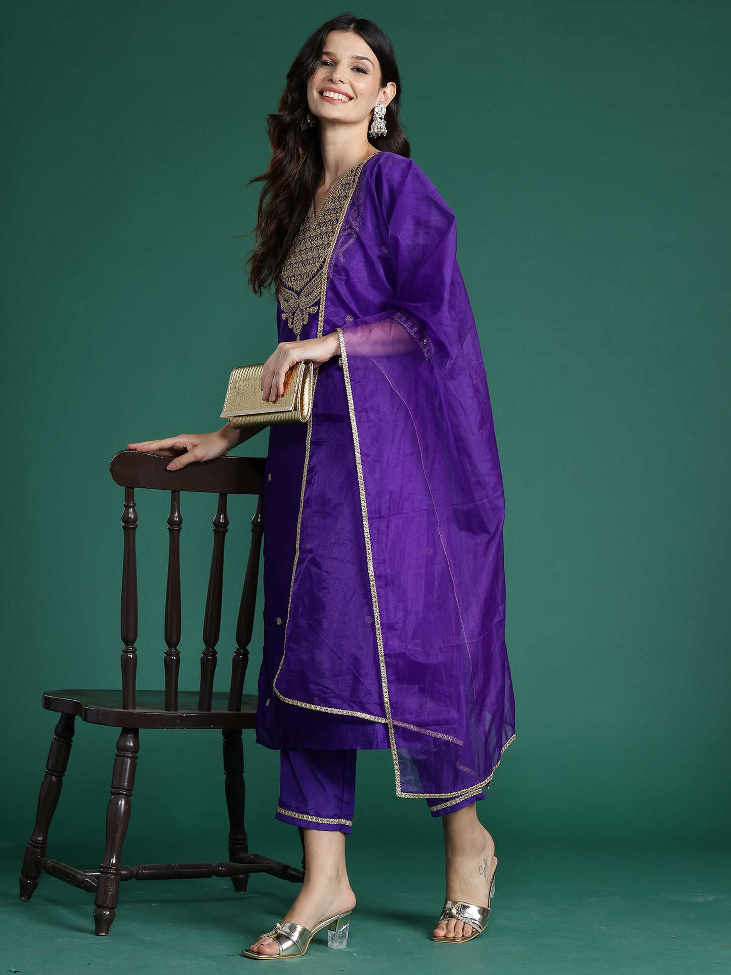 IE Purple Embroidered Straight Kurta Trousers With Dupatta Set