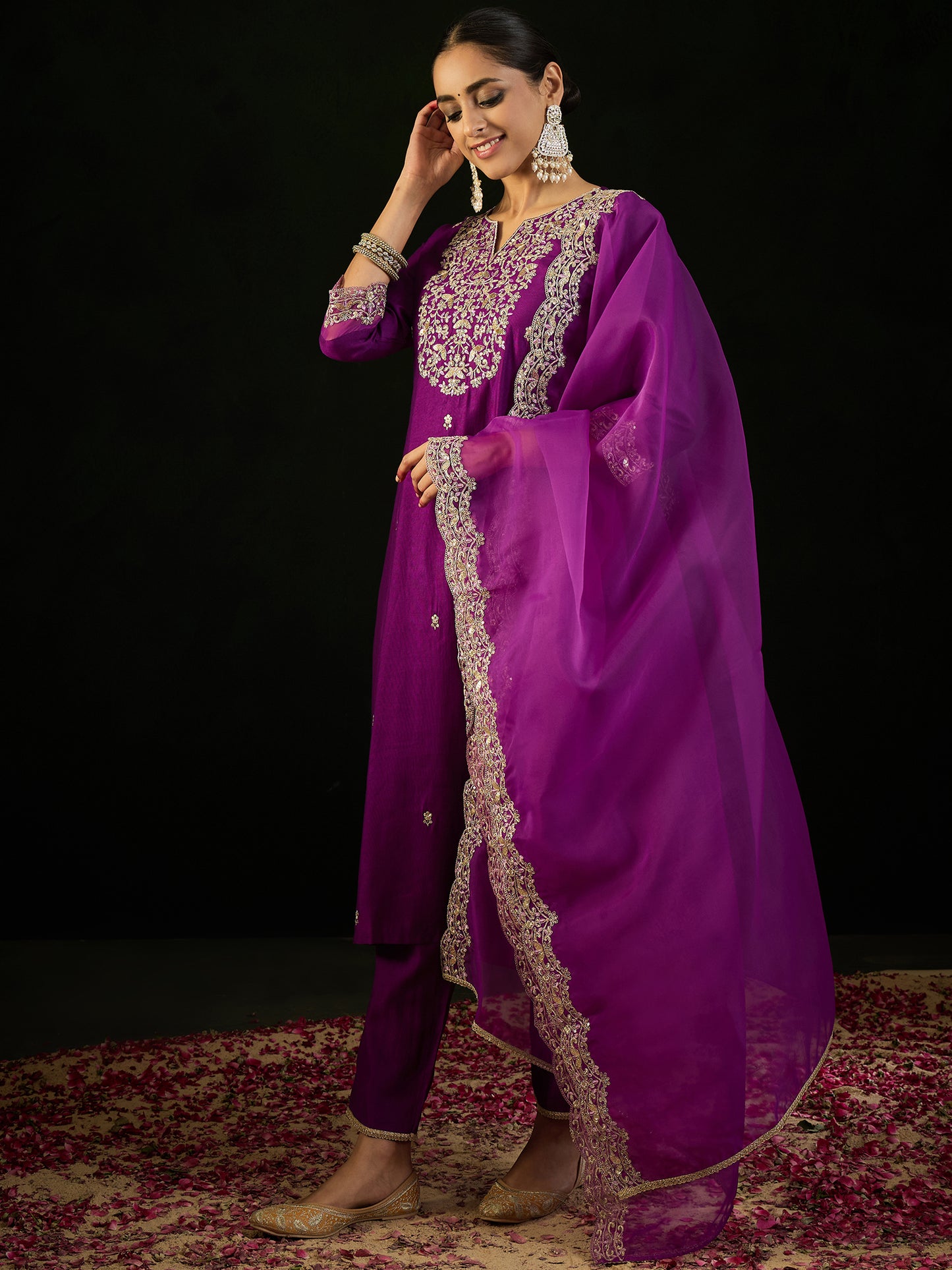 IE Purple Embroidered Straight Kurta Trousers With Dupatta set