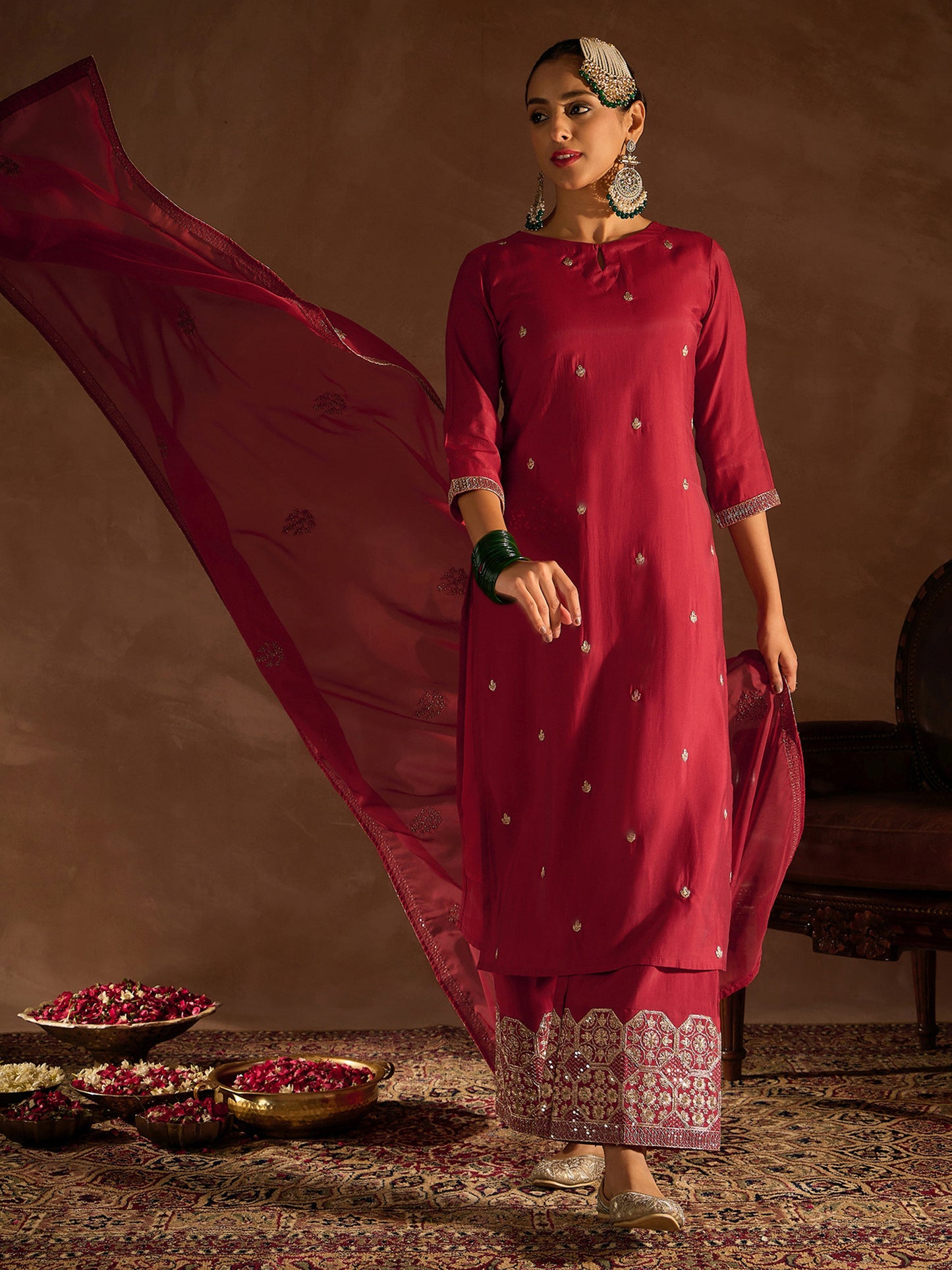 IE Red Embroidered Straight Kurta Sharara With Dupatta set