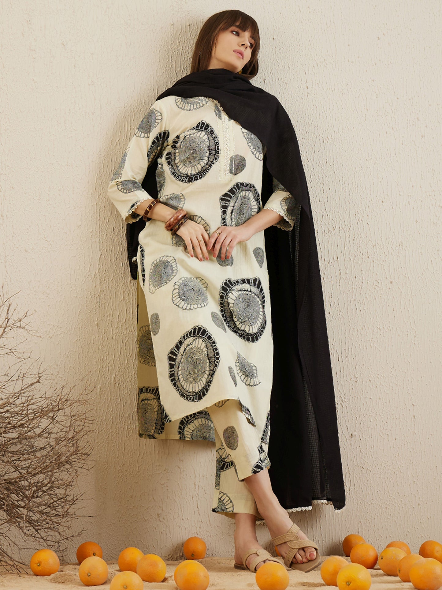 IE Cream Printed Straight Kurta Trousers With Dupatta set