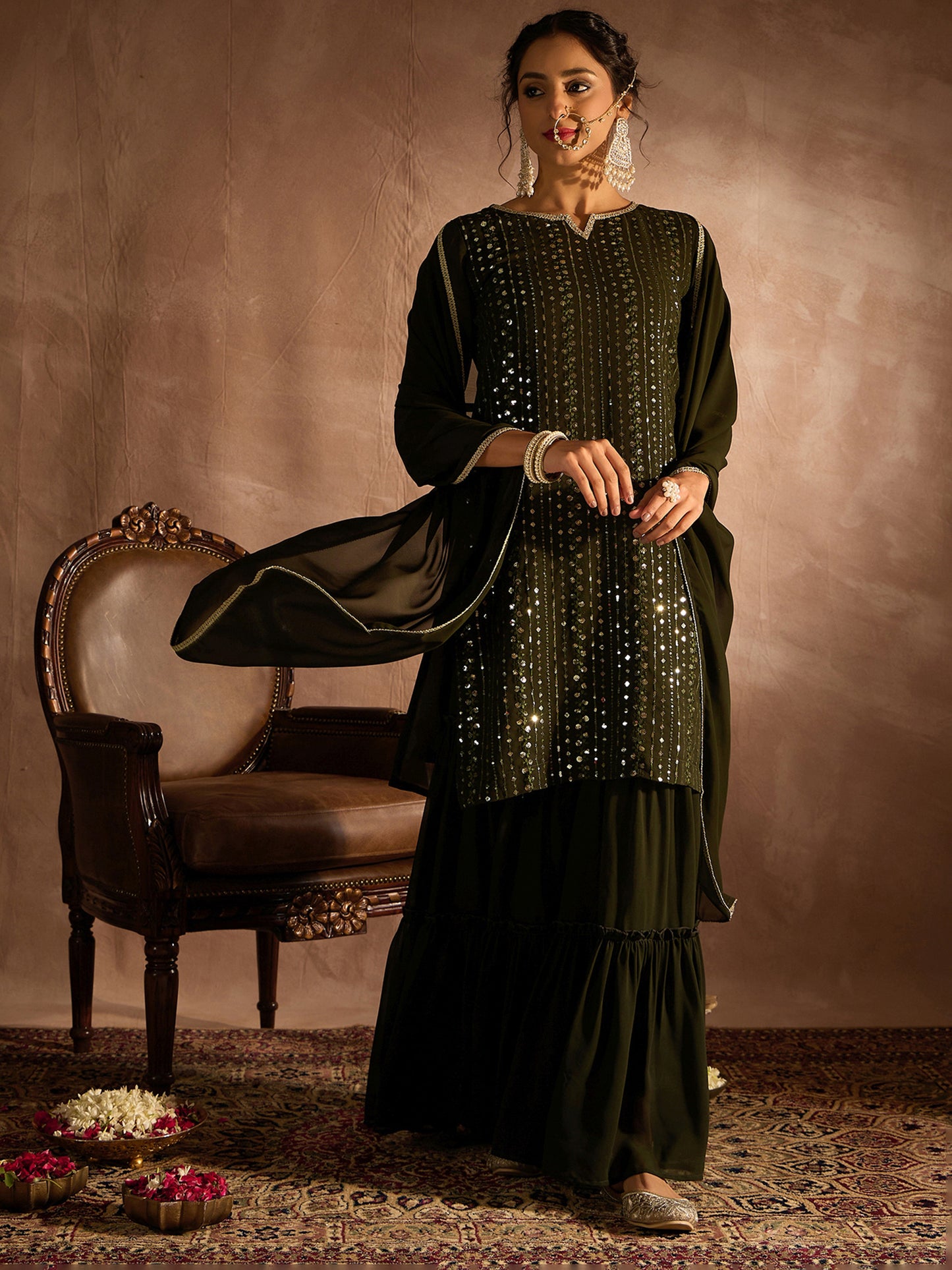 IE Green Embroidered Straight Kurta Sharara With Dupatta set