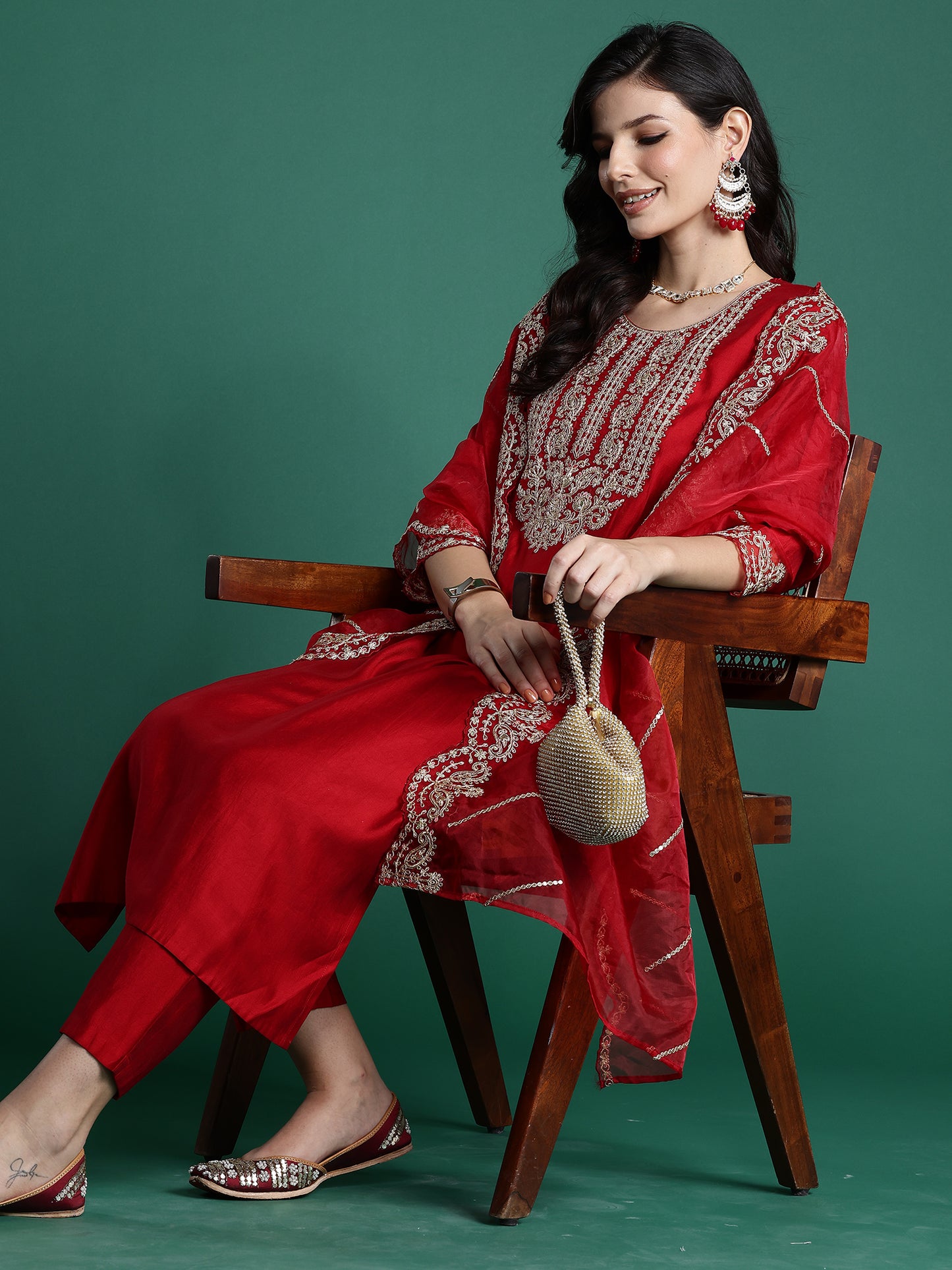 IE Red Embroidered Straight Kurta Trousers With Dupatta set