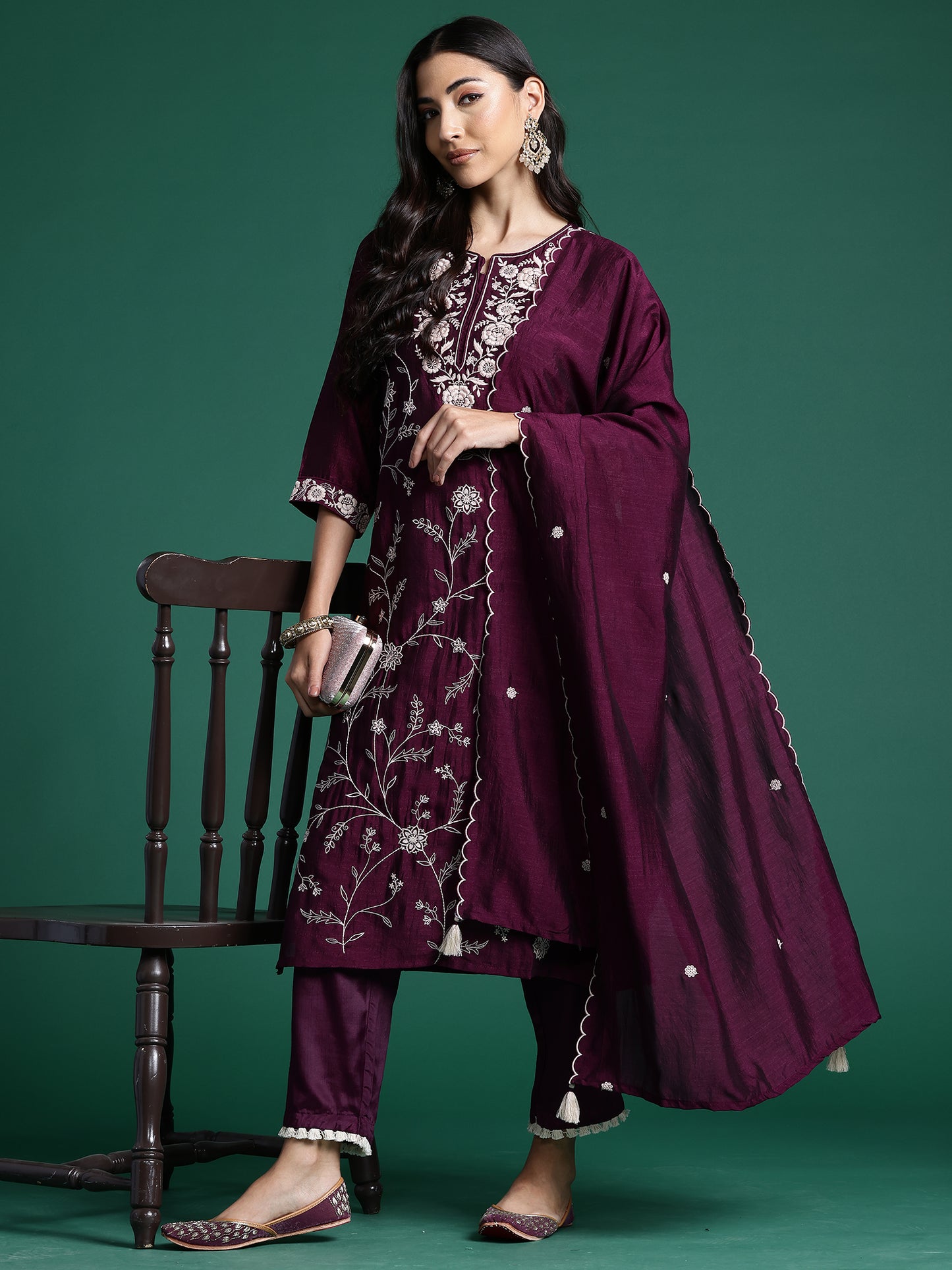 IE Burgandy Straight Embroidered Kurta Trousers With Dupatta Set