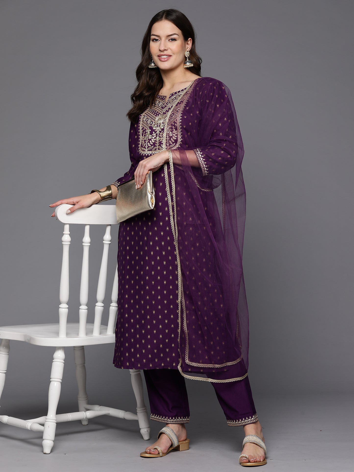 IE Purple Embroidered Straight Kurta Trousers With Dupatta Set