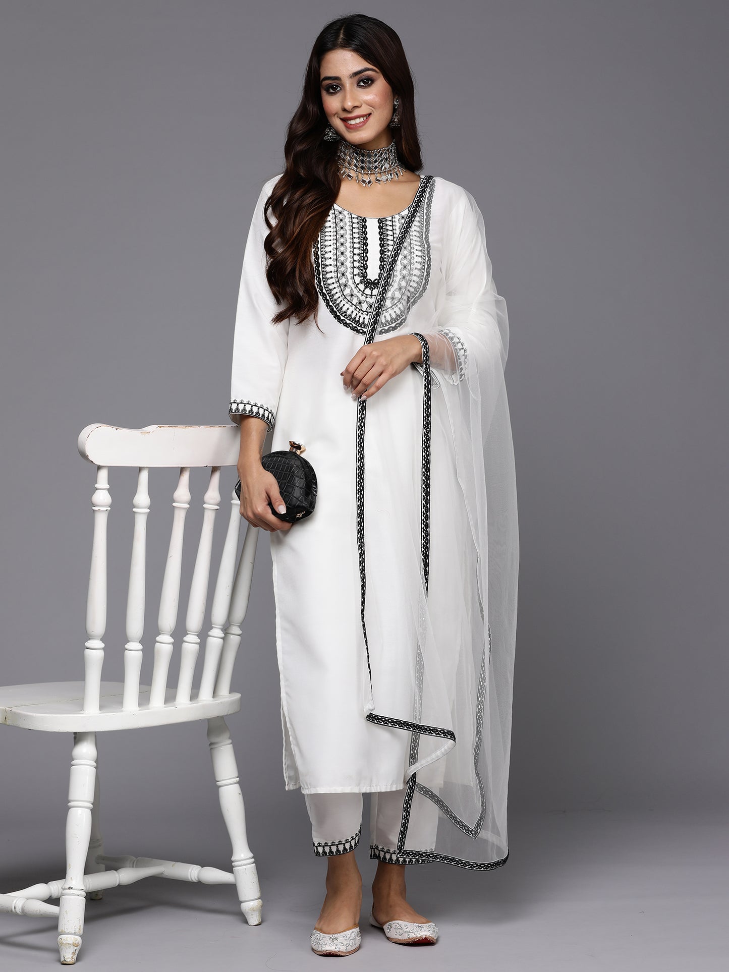 IE White Embroidered Straight Kurta Trousers With Dupatta Set