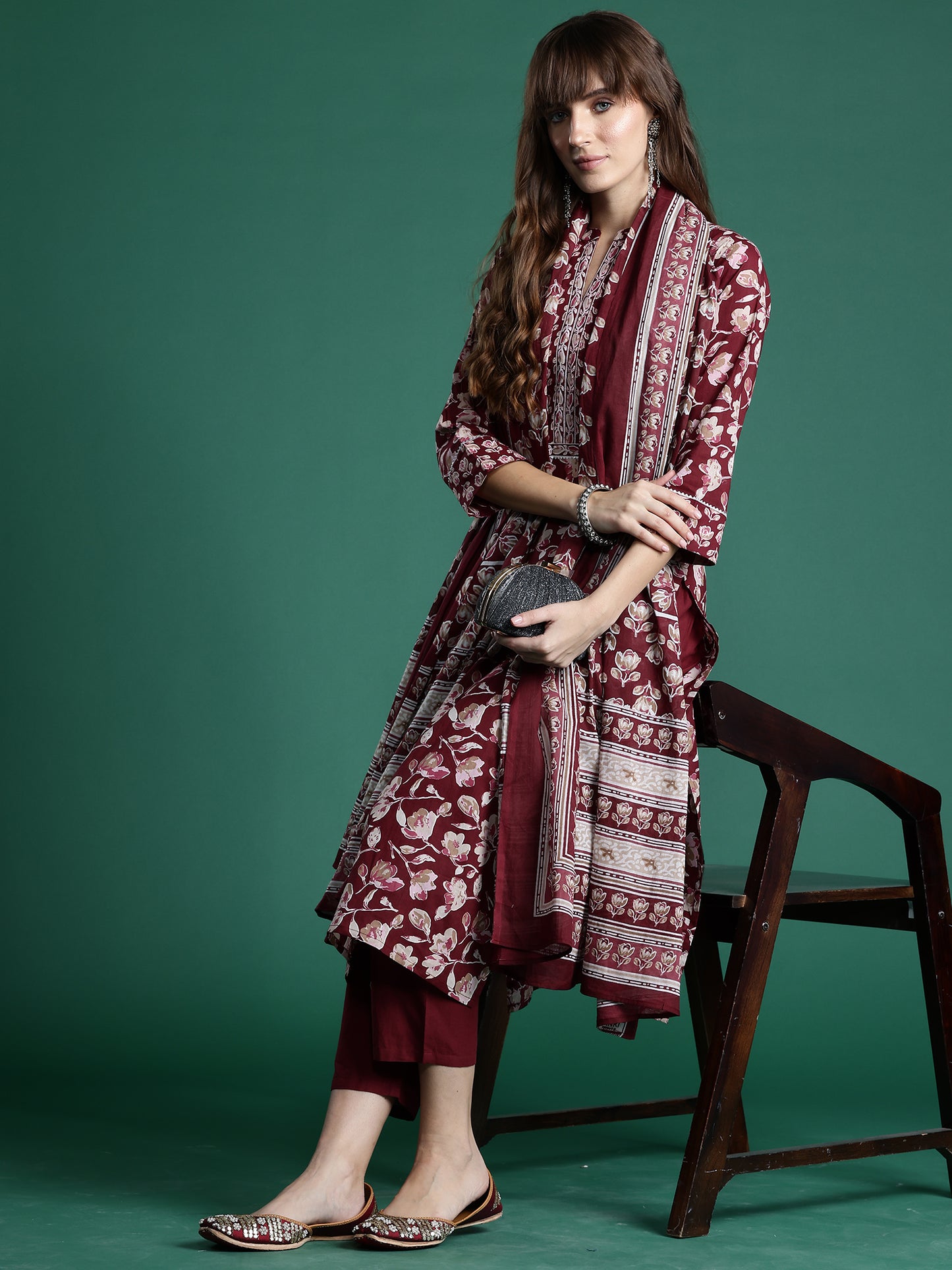 IE Maroon Printed Straight Kurta Trousers With Dupatta set