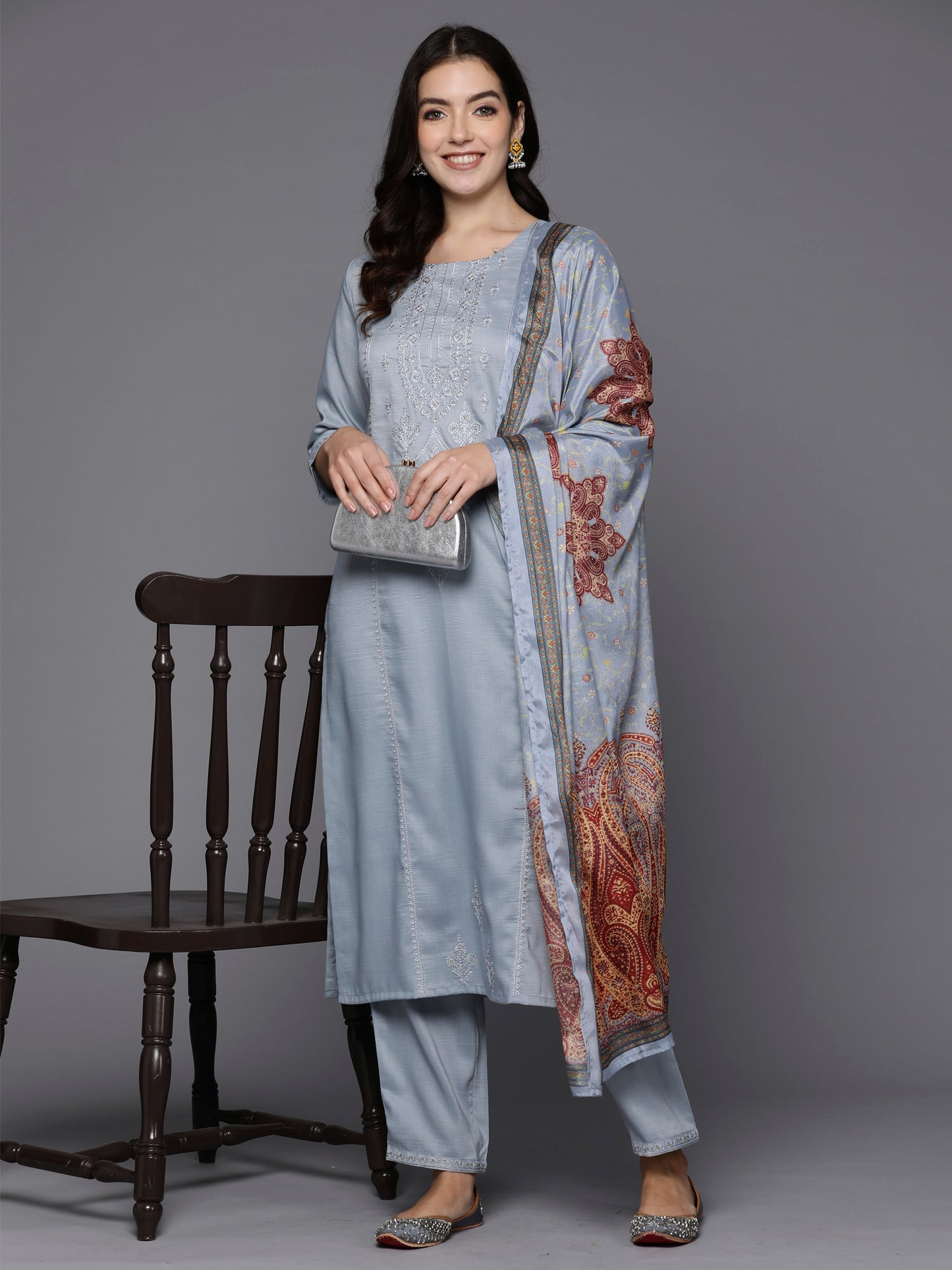 IE Grey Embroidered Straight Kurta Trousers With Dupatta set