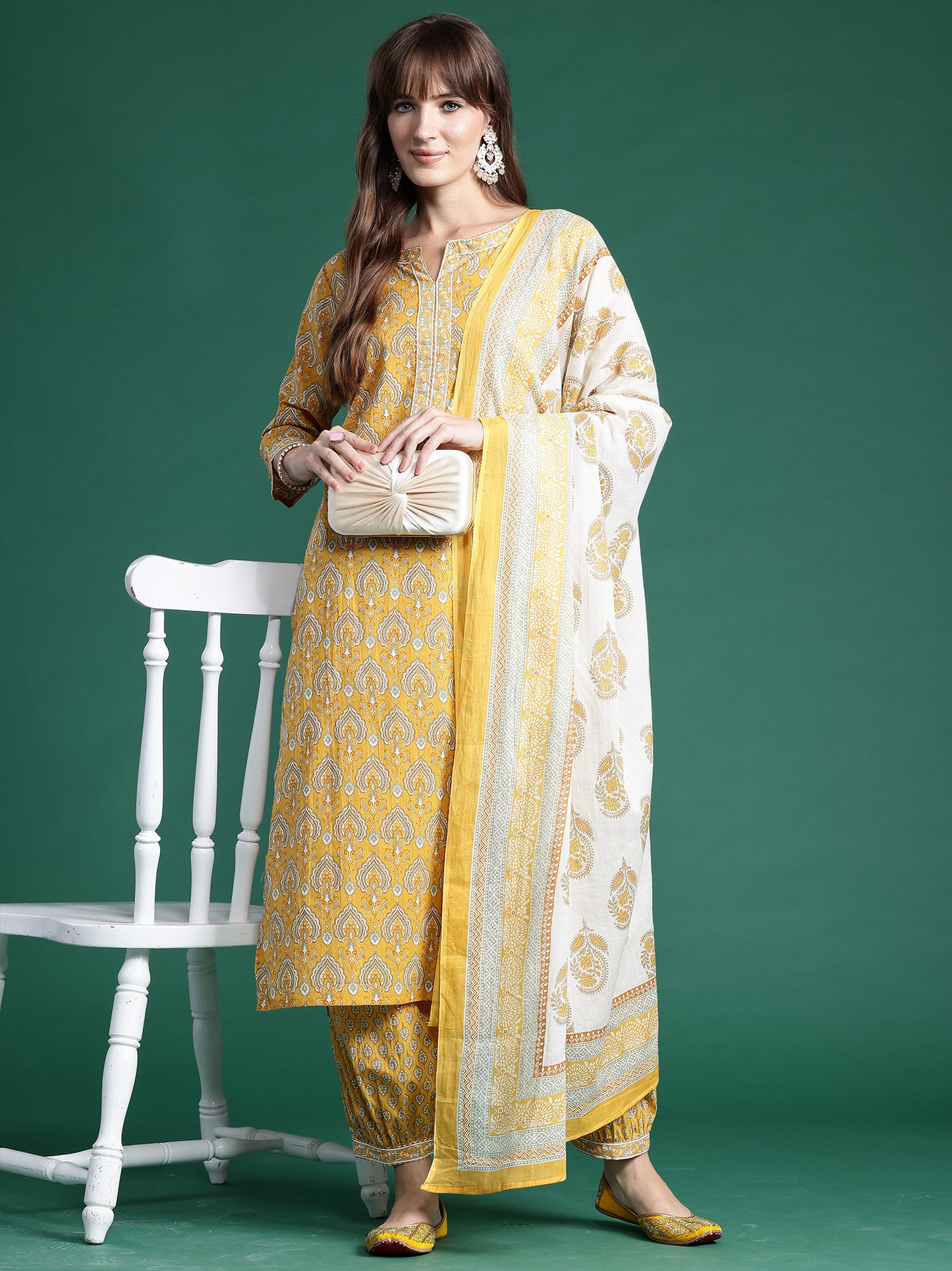 IE Yellow Printed Straight Kurta Salwar With Dupatta set