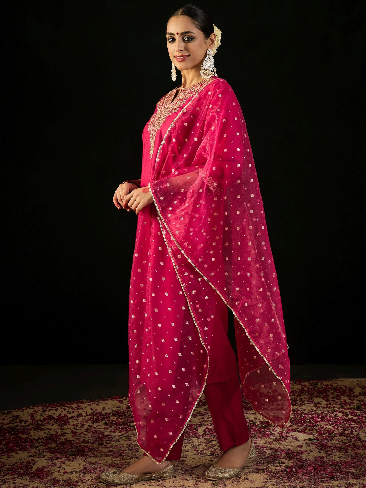 IE Pink Embroidered Straight Kurta Trousers With Dupatta set