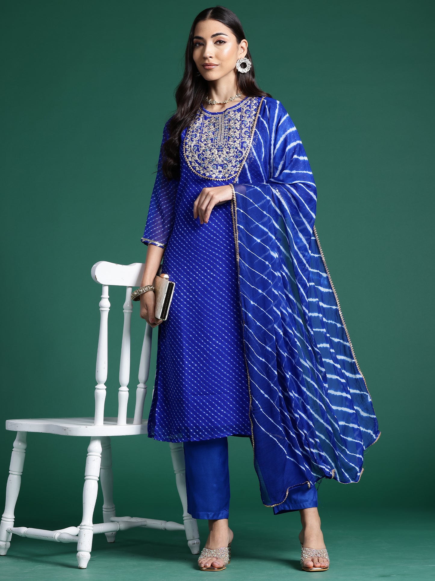 IE  Blue Printed Straight Kurta Trousers With Dupatta set