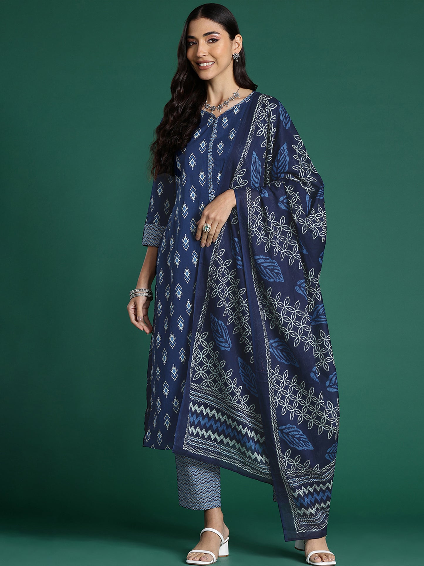 IE Blue Printed Straight Kurta Trousers With Dupatta set