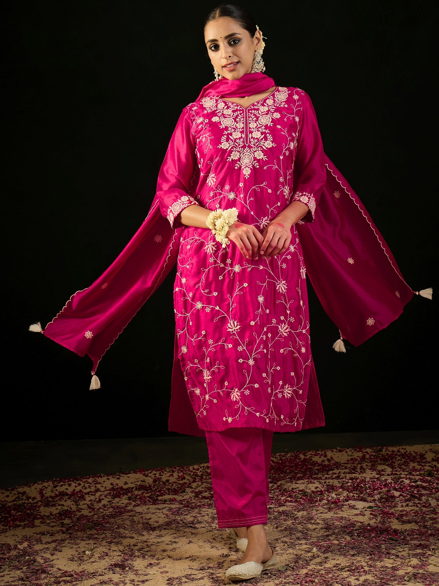 IE Pink Embroidered Straight Kurta Trousers With Dupatta set